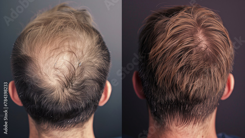 A man with a bald spot on his head before and after hair transplant surgery. photo