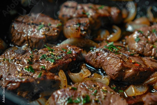Steaks being cooked in a skillet with onions and herbs. Suitable for food blogs or recipes
