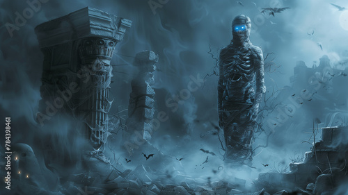 A skeletal figure stands in a ruined city, its eyes glowing blue.