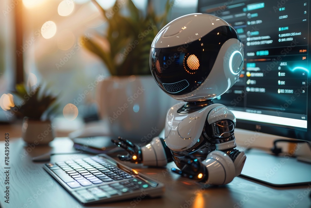 A futuristic white robot sitting and working with a computer keyboard, implying AI assistance A futuristic white robot sitting and working with a computer keyboard, implying AI assistance