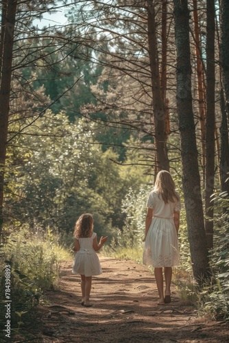 Two little girls walking down a path in the woods. Great for nature or childhood themes © Fotograf