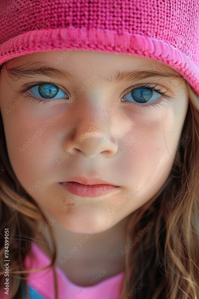 Close-up of a child wearing a pink hat, suitable for various projects Close-up of a child wearing a pink hat, suitable for various projects