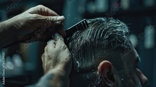 A man receiving a haircut at a barber shop. Ideal for barber shop promotions
