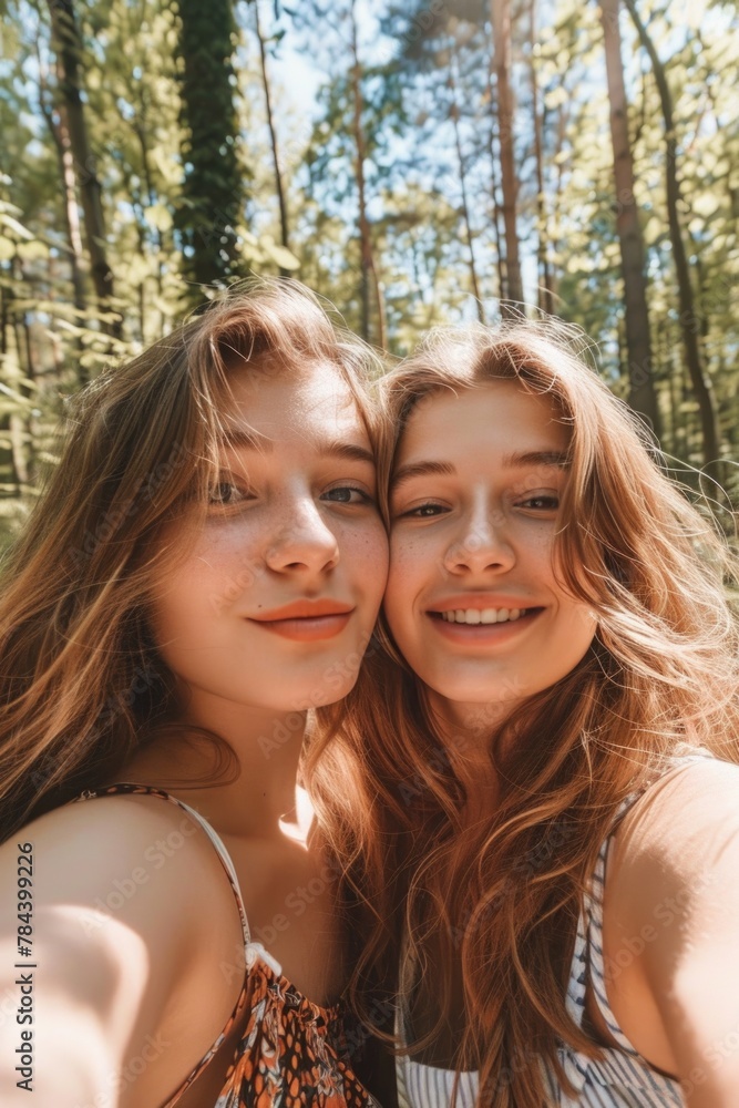 Two girls capturing a moment in the forest, perfect for social media Two girls capturing a moment in the forest, perfect for social media