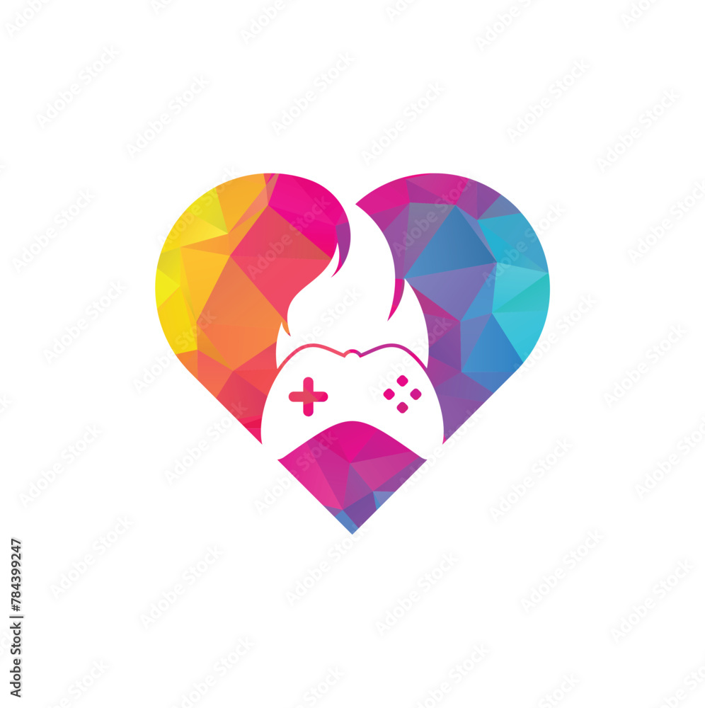 Gaming fire heart shape concept logo icon designs vector. game pad with a fire for gaming logo