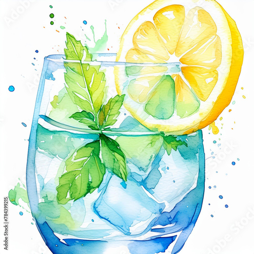 Colorful watercolor depiction of a refreshing beverage with ice and lemon, evoking a sense of coolness