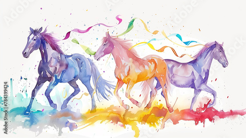 Three watercolor horses with flowing manes and tails in blue, purple, and yellow with colorful ribbons trailing behind them. photo