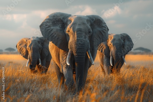 An imposing elephant assertively leads a herd, captured in the warm glow of a sunset, symbolizing unity and natural leadership