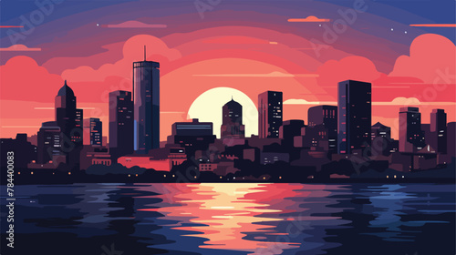 Downtown Boston at dusk .. 2d flat cartoon vactor illustration