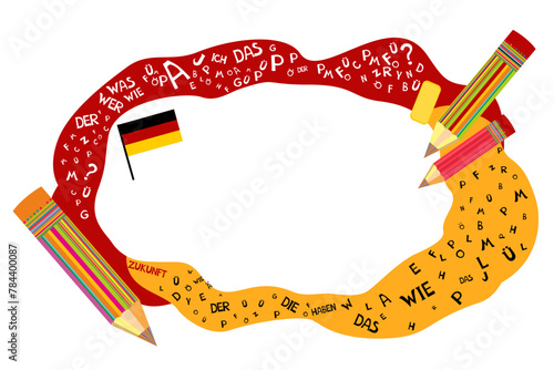 Deutsch. Translation: "German". Learning German. Online education concept. German language hand drawn doodles and lettering. Language education Vector illustration. 
