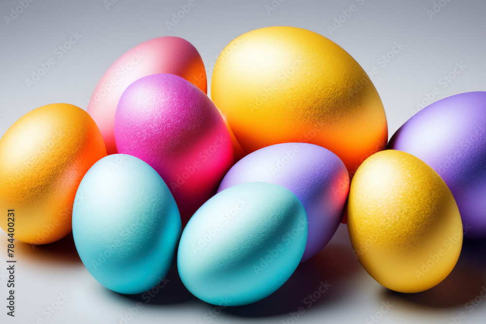 Easter eggs. a large number of colored bright chicken Easter eggs lie on a gray background, close-up, holiday concept Easter eggs. a large number of colored bright chicken Easter eggs lie on a gray background, close-up, holiday concept