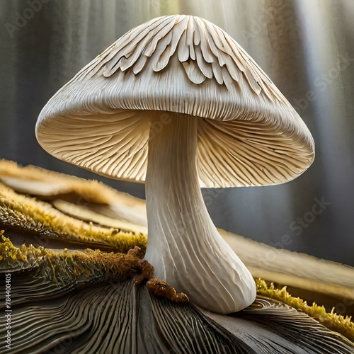 close up of a mushroom.A captivating macro photograph of a mushroom, captured in exquisite detail to showcase its delicate textures and intricate patterns. The soft, diffused light highlights the mush photo
