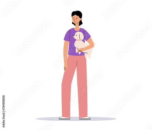 Young woman standing with cute dog. Happy pet owner with little bologna on hands. Dog trainer, dog walker or groomer. Flat Vector illustration isolated on white background