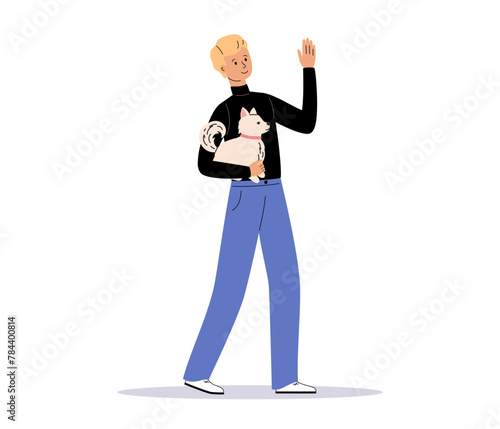 Young man walking with cute dog. Happy pet owner with little spitz on hands. Dog trainer or dog walker. Flat Vector illustration isolated on white background