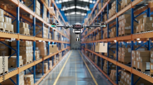 High-tech automated warehouse using drones for package delivery within the facility, --ar 16:9