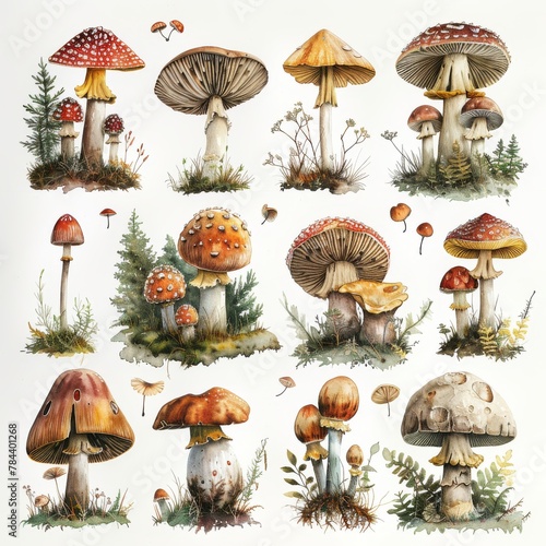 Hand painted watercolor illustrations of forest mushrooms on a white background.