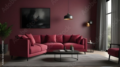 2023 viva magenta trend living room color. A vibrant couch accent. Background of plaster microcement.geneative.ai