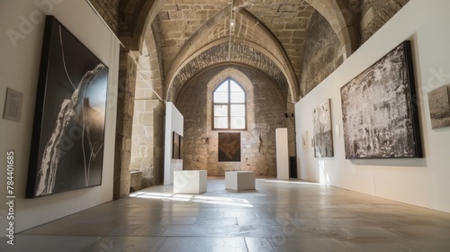 Modern art display in a historic fortress, juxtaposing ancient architecture with contemporary art, --ar 16:9
