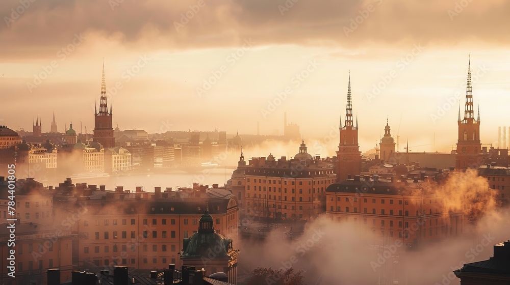 Morning mist clearing over the Stockholm skyline, historic buildings and modern designs mixed, --ar 16:9