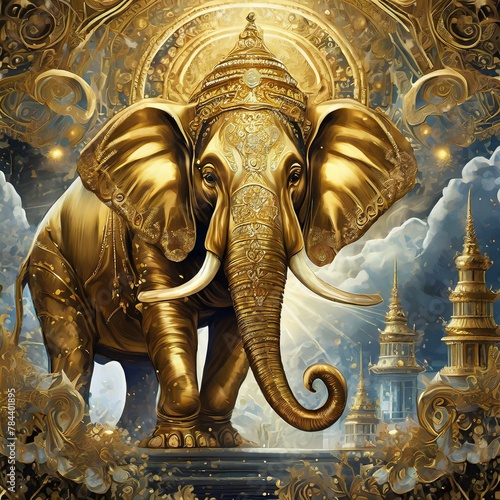  a golden elephant statue, representing beauty, strength, and grace