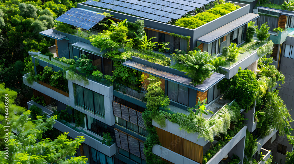 A green building development incorporating innovative technologies such as solar panels rainwater harvesting systems and green roofs to achieve net zero energy consumption reduce