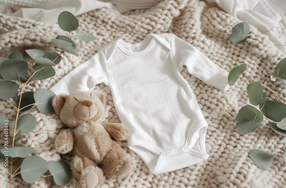 Cozy Blanket Onesie Mockup with Teddy Bear and Eucalyptus Leaves Cozy Blanket Onesie Mockup with Teddy Bear and Eucalyptus Leaves