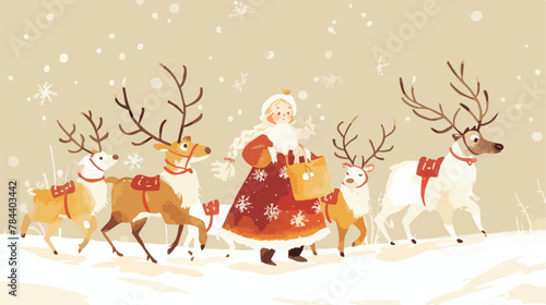 Farm Girl With Reindeer Watercolor Clipart 2d flat