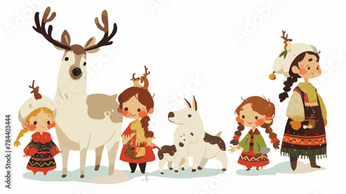 Fototapeta Naklejka Na Ścianę i Meble -  Farm Girl With Reindeer Watercolor Clipart 2d flat