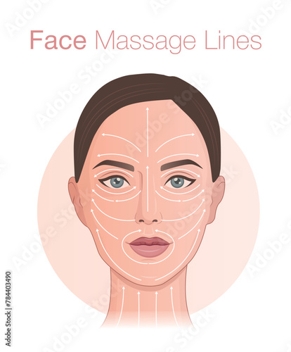 Diagram of face and neck massage lines. Facial massage infographic. Skincare guide. Female face isolated on white background. Vector illustration.