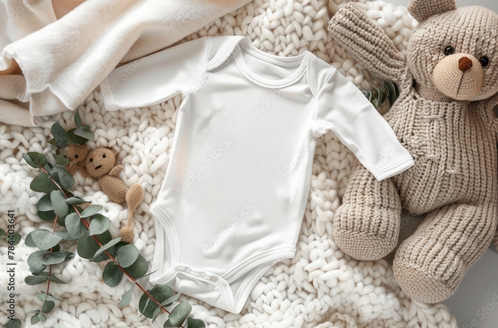 Cozy Blanket Onesie Mockup with Teddy Bear and Eucalyptus Leaves Cozy Blanket Onesie Mockup with Teddy Bear and Eucalyptus Leaves