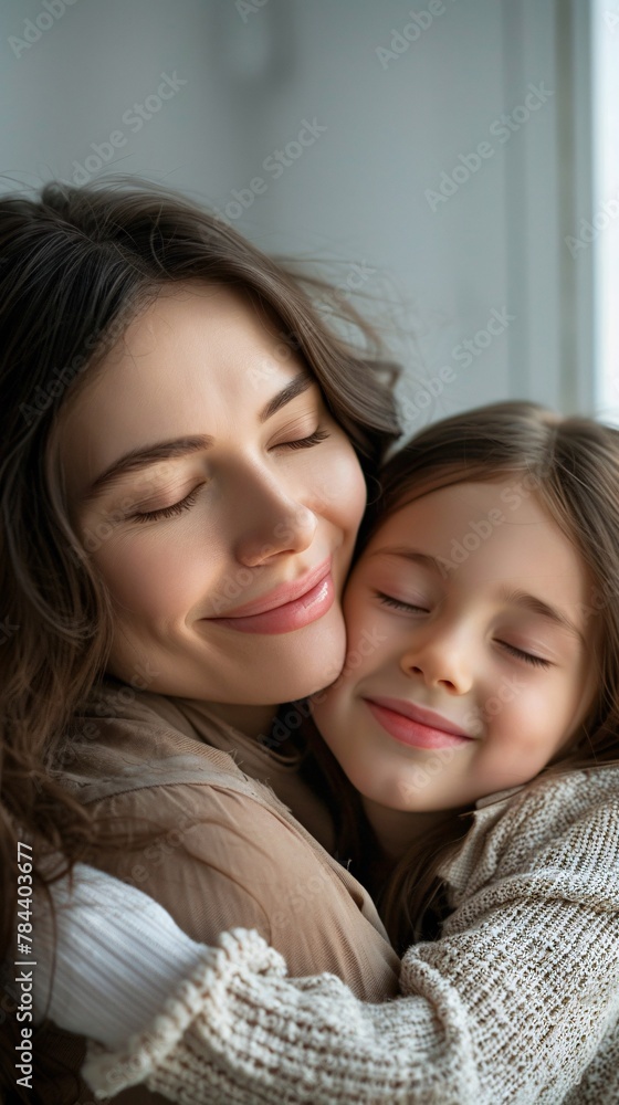 woman embracing her little daughter and smiles