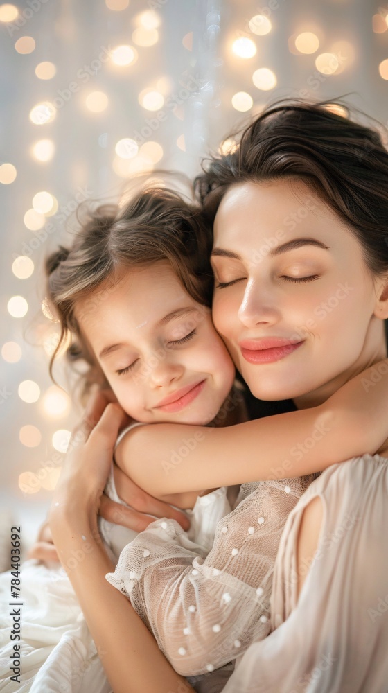 woman embracing her little daughter and smiles woman embracing her little daughter and smiles