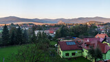 Krasnohorska Dlha luka village, Krasna Horka castle and hills of Volovske vrchy mountains on the background in Slovakia