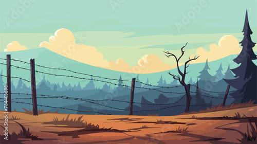 Fence with barbed wire with background 2d flat cartoon photo