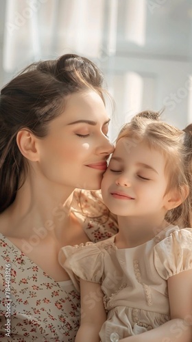 Little girl embracing her mother and smiles