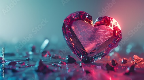 Broken heart in futuristic abstract style for Valentines, mixed views, close focus, soft holographic glow, photo