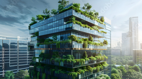 Eco-friendly building in the modern city. Sustainable glass office building with tree for reducing heat and carbon dioxide. Office building with green environment. Corporate building reduce CO2.