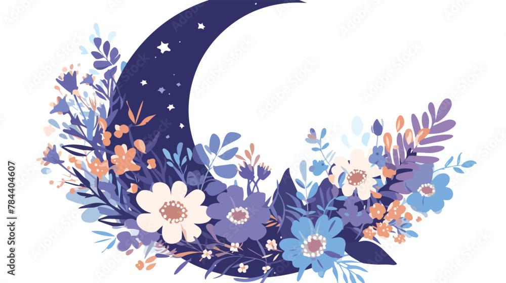 Floral Moon Clipart 2d flat cartoon vactor illustration