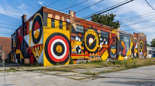 Revitalized industrial area in Detroit turned artist quarter, featuring large-scale murals and installations, --ar 16:9