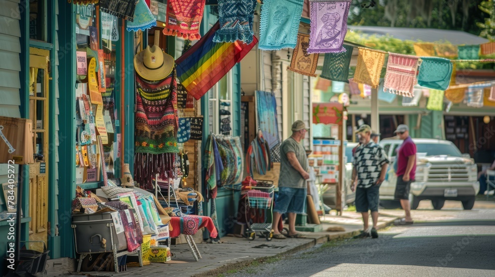 Small-town thrift shop during a community sale event, locals donating and shopping, colorful banners, --ar 16:9