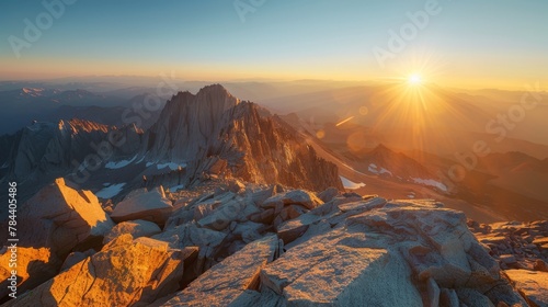 Summer sunrise from the summit of Mount Whitney, USA, offering spectacular panoramic views, --ar 16:9 photo