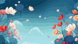 Flying petals and silk lanterns on a blue background