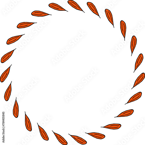 Round frame in cozy orange flower petals on white background. Vector image.
