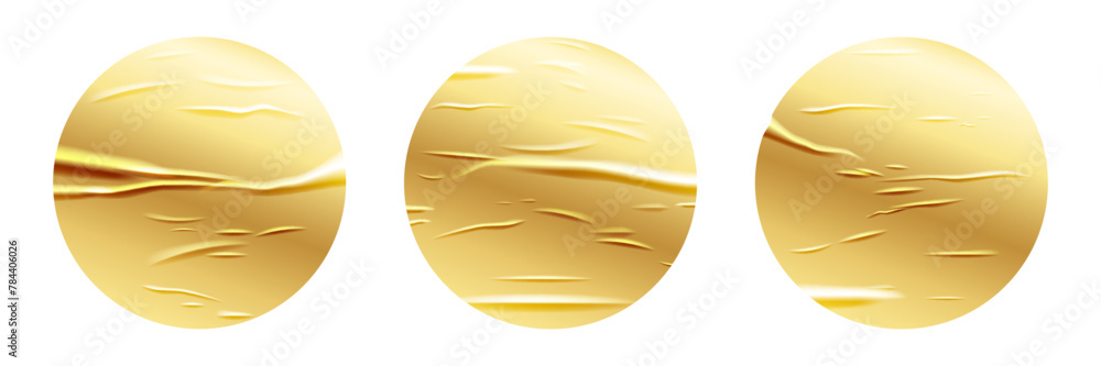 Wrinkle gold paper round stickers set. Glued effect background. Vector realistic crumpled poster. Wet greased wrinkles blank texture. Empty advertising column mockup for creative design Wrinkle gold paper round stickers set. Glued effect background. Vector realistic crumpled poster. Wet greased wrinkles blank texture. Empty advertising column mockup for creative design