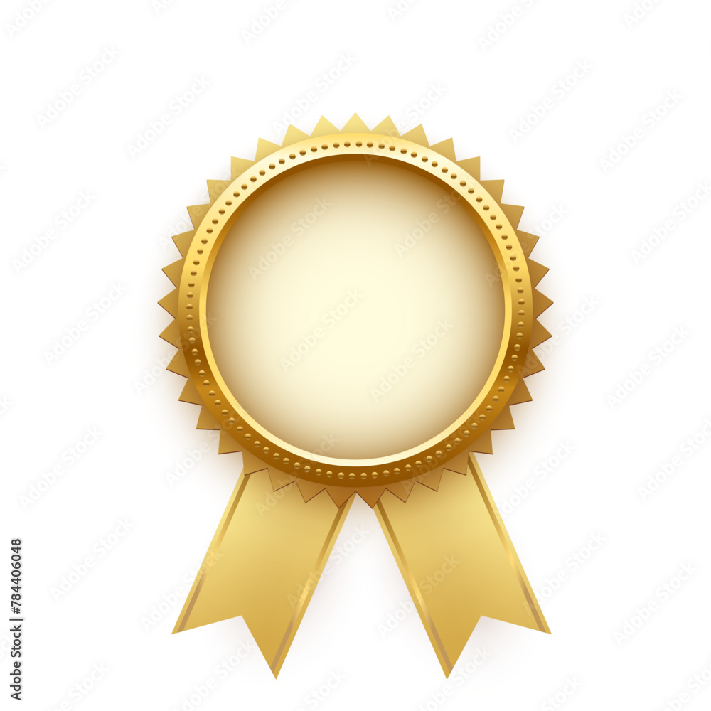 Gold medal for first place with ribbons and free space for award nomination name. Golden winner rank one on white background. Championship in sport or movie vector illustration Gold medal for first place with ribbons and free space for award nomination name. Golden winner rank one on white background. Championship in sport or movie vector illustration