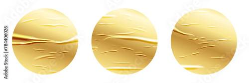 Wrinkle gold paper round stickers set. Glued effect background. Vector realistic crumpled poster. Wet greased wrinkles blank texture. Empty advertising column mockup for creative design