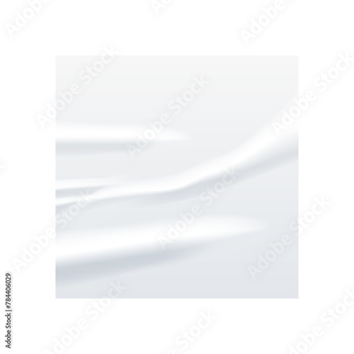 Crumpled white paper square sticker vector illustration. Wrinkled glued label quadratic shape. Realistic isolated badge mock up