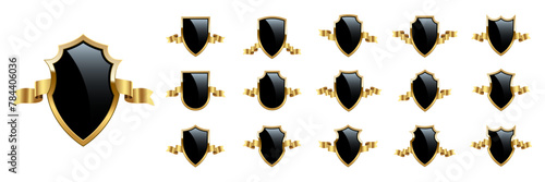 Black shields with golden frame and ribbons vector set for emblem, logo, badge, label. Royal medieval military armor collection isolated on white background. War trophy, heraldic symbol