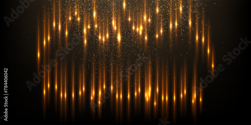 Gold flash rays and sparks with glow light effect vector illustration. Realistic 3D shiny golden fiery flares  precious jewelry and abstract star dust glowing on black background