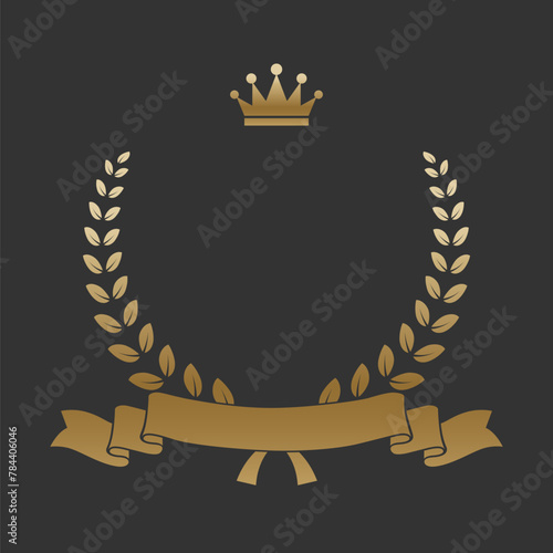 Realistic gold laurel wreath with golden ribbon and crown. Premium insignia, traditional victory symbol on black backdrop. Triumph, win poster, banner layout , shiny frame, border